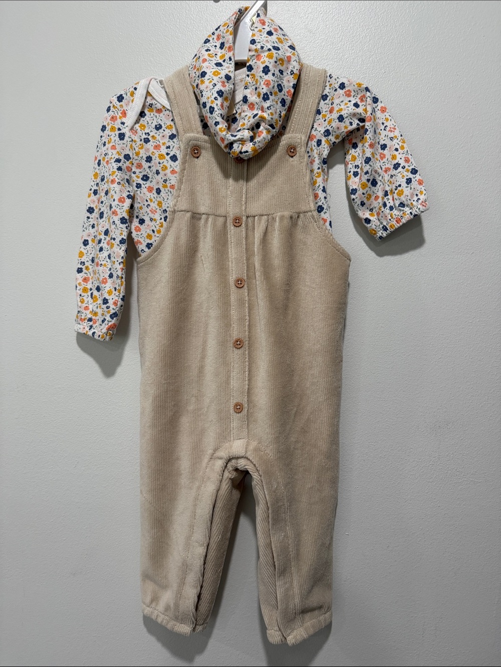 Neutral Beige Corduroy Overalls with Floral Top With Matching Bow